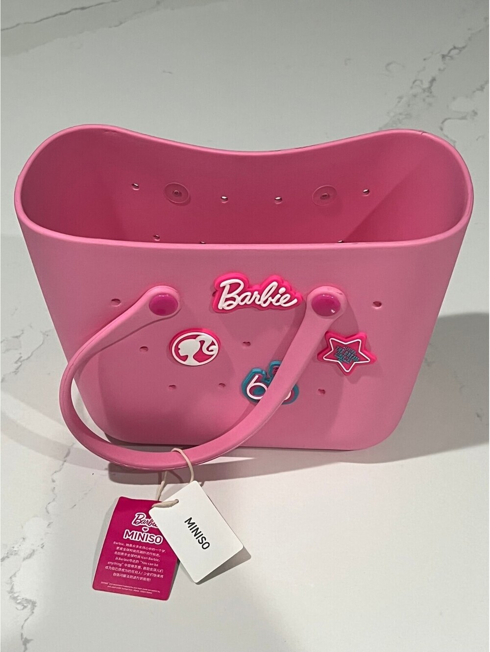 NWT MINISO x Barbie 65th Anniversary Pink EVA Beach Tote Bag with Charms